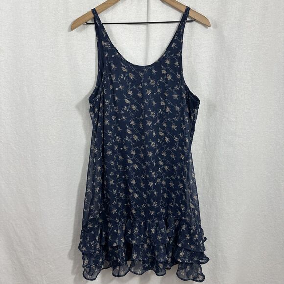 Abercrombie & Fitch Blue Floral Ruffle Hem Vneck Sleeveless Mini Dress Sz L Boho - Picture 2 of 8